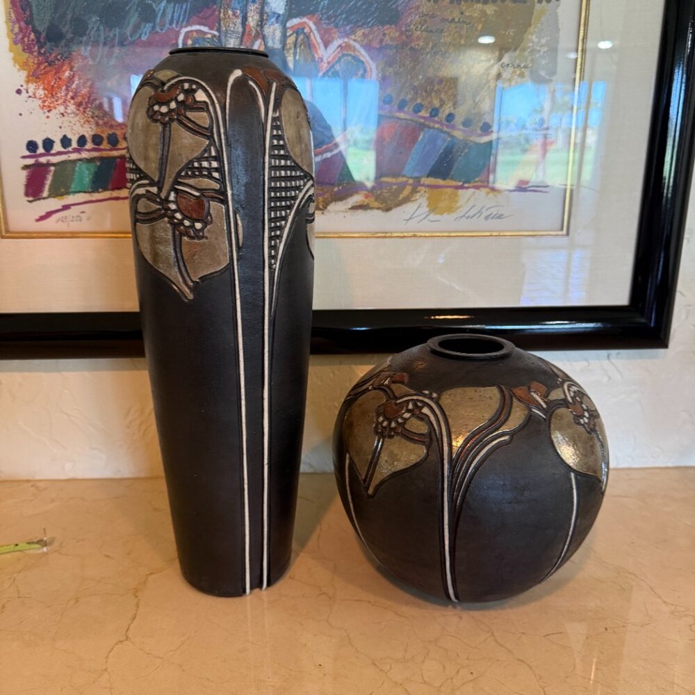 Amil Studio Art Pottery Vases Mid-Century Modern Signed Pair Handmade Ceramic